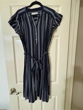 LOFT Navy and White Vertical Stripe Belted Shirt Dress